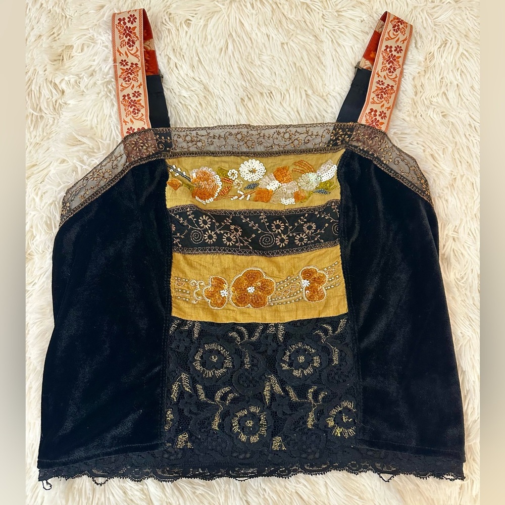 Free People Hold Me Close Embroidered Black Gold Velvet Tank Top Size: Medium - Picture 2 of 10